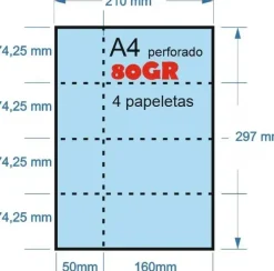 PAPEL 100H A-4 80GR PERFORADO AZUL EN 4 PARTES 74,25MMX210MM + 50MM MATRIZ PARA PAPELETAS O RIFA IMPRESORA LASER O INKJET