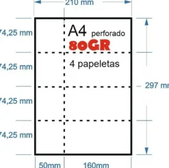 PAPEL 100H A-4 80GR PERFORADO EN 4 PARTES 74,25MMX210MM + 50MM MATRIZ PARA PAPELETAS O RIFA IMPRESORA LASER O INKJET
