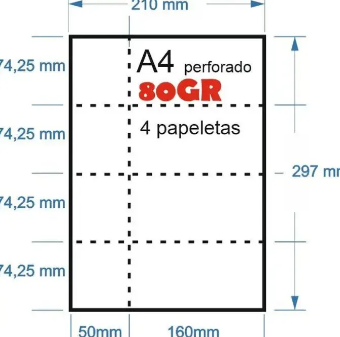 PAPEL 100H A-4 80GR PERFORADO EN 4 PARTES 74,25MMX210MM + 50MM MATRIZ PARA PAPELETAS O RIFA IMPRESORA LASER O INKJET