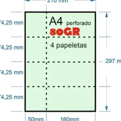 PAPEL 100H A-4 80GR PERFORADO VERDE EN 4 PARTES 74,25MMX210MM + 50MM MATRIZ PARA PAPELETAS O RIFA IMPRESORA LASER O INKJET