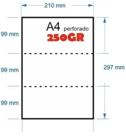 PAPEL 250H 250GR A-4 PERFORADO EN 3 PARTES 9,9MMX210MM PARA RECIBOS BANCARIOS IMPRESORA LASER