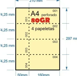 PAPEL NUMERADO AMARILLLO 100H A-4 80GR PERFORADO EN 4 PARTES 74,25MMX210MM + 50MM MATRIZ PARA PAPELETAS O RIFA IMPRESORA LASER O INKJET