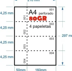 PAPEL NUMERADO 100H A-4 80GR PERFORADO EN 4 PARTES 74,25MMX210MM + 50MM MATRIZ PARA PAPELETAS O RIFA IMPRESORA LASER O INKJET