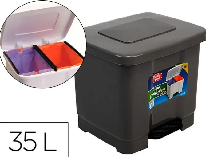 PAPELERA CONTENEDOR PLASTICFORTE PLASTICO CON PEDAL 2 COMPARTIMENTOS 35 LITROS GRIS OSCURO