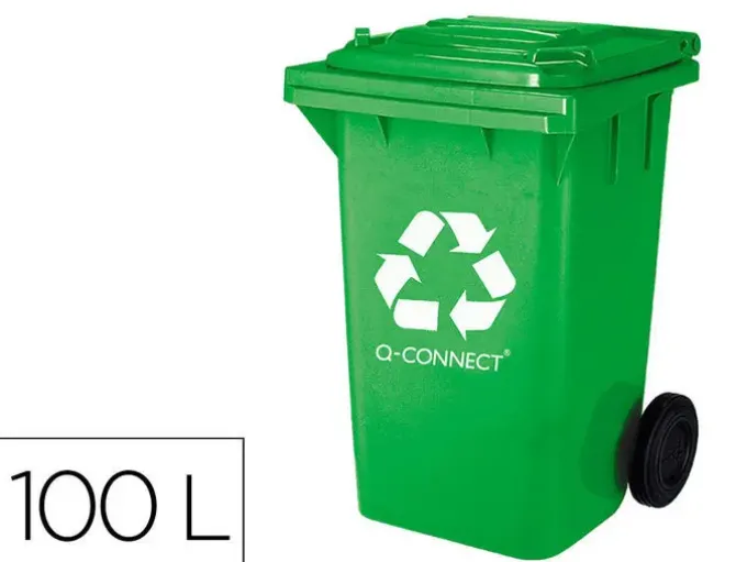 PAPELERA CONTENEDOR Q-CONNECT PLASTICO CON TAPADERA 100L COLOR VERDE 750X470X370 MM CON RUEDAS