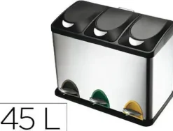 PAPELERA CONTENEDOR Q-CONNECT METALICA CON TAPADERA DE PLASTICO Y PEDAL 3 DEPOSITOS 45L 605X340X485 MM
