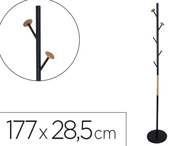 PERCHERO METALICO Q-CONNECT NEGRO CON DETALLES DE MADERA 5 COLGADORES 177X28,5 CM