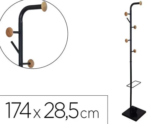 PERCHERO METALICO Q-CONNECT NEGRO CON DETALLES DE MADERA 6 COLGADORES Y PARAGUERO 174X28,5 CM