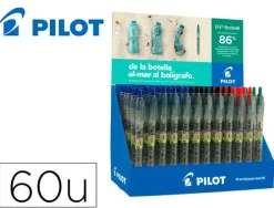 PILOT EXPOSITOR 60 BOLIGRAFOS DE BOLA RETRACTILES B2P ECOBALL BEGREEN + 10 B2P GEL BEGREEN - 86,64% DE PLASTICO RECICLADO - RECARGABLE - COLORES SURTIDOS