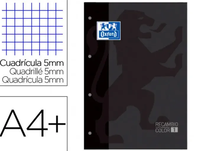 RECAMBIO COLOR 1 OXFORD DIN A4+ 80 HOJAS 90 GR CUADRO 5 MM 4 TALADROS COLOR NEGRO