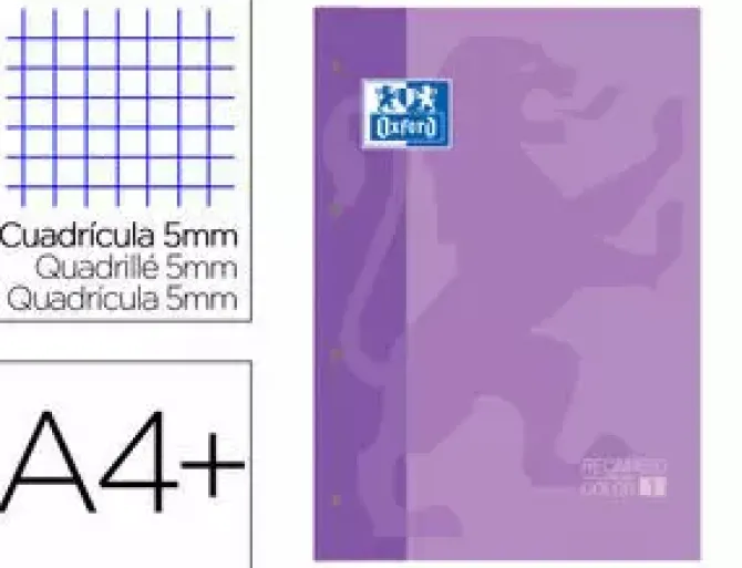 RECAMBIO COLOR 1 OXFORD DIN A4+ 80 HOJAS 90 GR CUADRO 5 MM 4 TALADROS COLOR MALVA