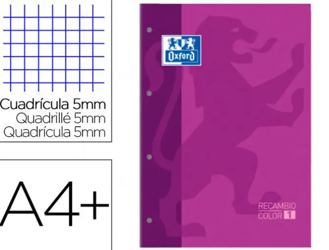 RECAMBIO COLOR 1 OXFORD DIN A4+ 80 HOJAS 90 GR CUADRO 5 MM 4 TALADROS COLOR MORADO
