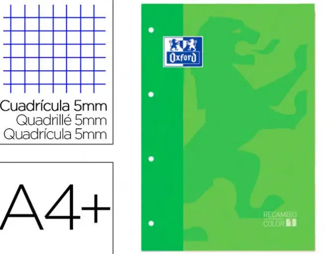 RECAMBIO COLOR 1 OXFORD DIN A4+ 80 HOJAS 90 GR CUADRO 5 MM 4 TALADROS COLOR VERDE MANZANA