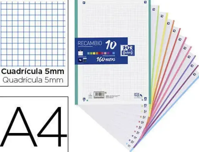 RECAMBIO COLOR OXFORD DIN A4 160 HOJAS 90 GR OPTIK PAPER CUADRO 5 MM 4 TALADROS BANDA 10 COLORES