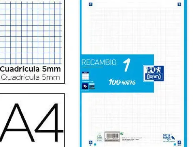 RECAMBIO COLOR OXFORD DIN A4 100 HOJAS 90 GR CUADRO 5 MM 4 TALADROS TURQUESA