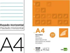 RECAMBIO LIDERPAPEL A4 100 HOJAS 100 G/M2 RAYADO HORIZONTAL CON MARGEN 4 TALADROS