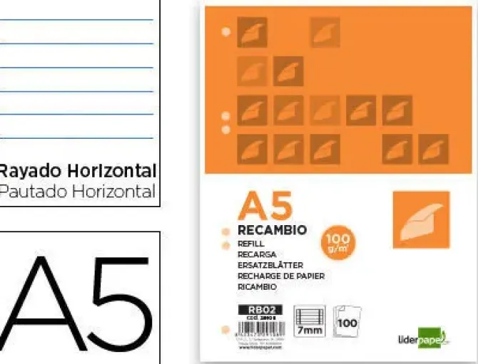 RECAMBIO LIDERPAPEL A5 100 HOJAS 100G/M2 HORIZONTAL CON MARGEN 6 TALADROS