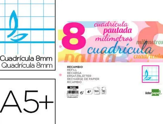 RECAMBIO LIDERPAPEL CUARTO PAUTAGUIA 100 HOJAS 70 G CUADRICULADO PAUTADO 8 MM CON MARGEN 2 TALADROS APAISADO
