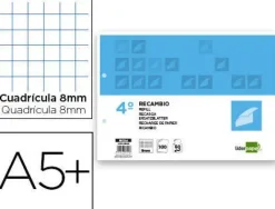 RECAMBIO LIDERPAPEL CUARTO APAISADO 100 H 2TCA-08 CUADRO 8 MM 2 TALADROS CON MARGEN