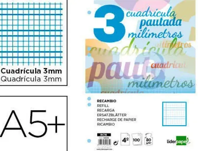 RECAMBIO LIDERPAPEL CUARTO PAUTAGUIA 100 HOJAS 75 G CUADRICULADO PAUTADO 3 MM CON MARGEN 6 TALADROS