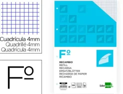 RECAMBIO LIDERPAPEL FOLIO 100 HOJAS 60G/M2CUADRO 4MM CON MARGEN 4 TALADROS