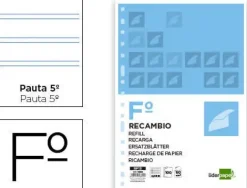 RECAMBIO LIDERPAPEL FOLIO 100 HOJAS 60G/M2 PAUTA 5ª 2.5MM CON MARGEN 16 TALADROS