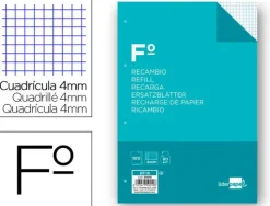 RECAMBIO LIDERPAPEL FOLIO 100 HOJAS 75G/M2 CUADRO 4MM CON MARGEN 4 TALADROS