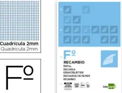 RECAMBIO LIDERPAPEL FOLIO 100 HOJAS 60G/M2MILIMETRADO SIN MARGEN 4 TALADROS
