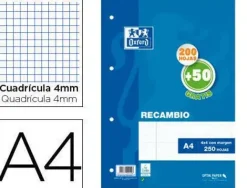 RECAMBIO OXFORD DIN A4 200 + 50 HOJAS GRATIS CUADRO 4 MM CON CS154780