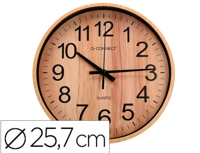 RELOJ Q-CONNECT DE PARED DE PLASTICO REDONDO 25,7 CM MOVIMIENTO SILENCIOSO COLOR MADERA NATURAL