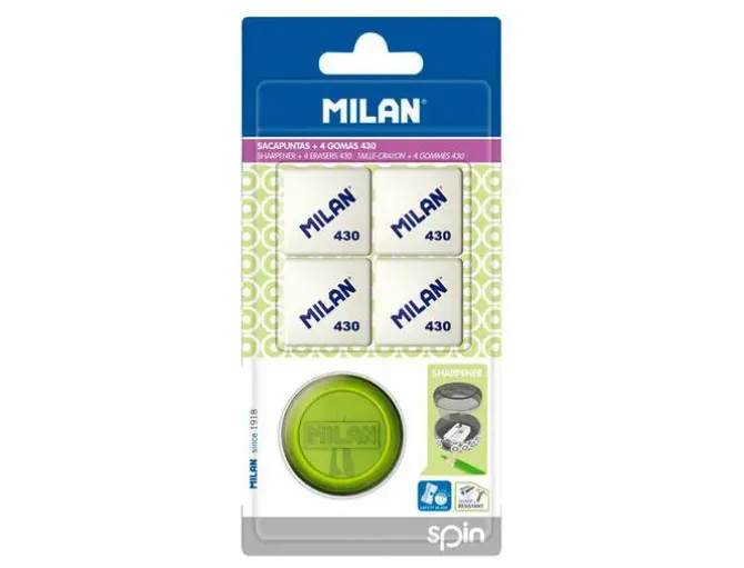 SACAPUNTAS MILAN SPIN PLASTICO 1 USO + 4 GOMAS 430