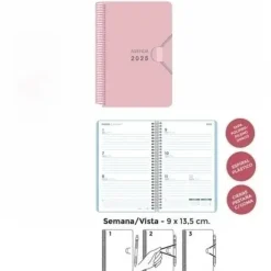 SENFORT AGENDA ANUAL (2025) MINI ESPIRAL TAPA PP CON GOMA 90X135 S/V ROSA PASTEL
