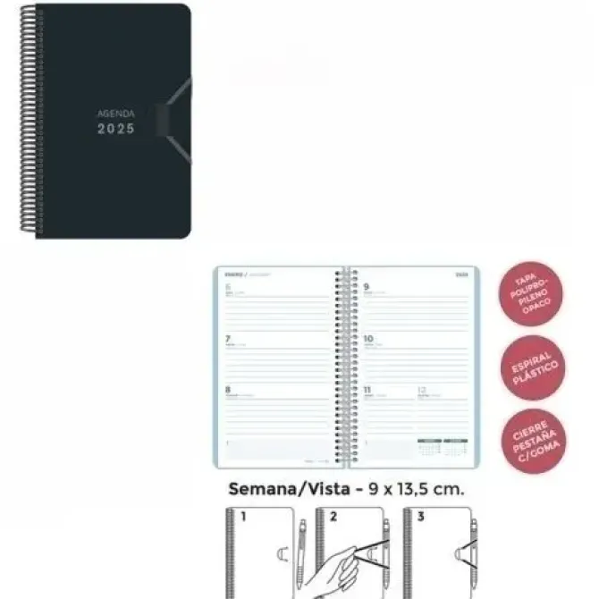 SENFORT AGENDA ANUAL (2025) MINI ESPIRAL TAPA PP CON GOMA 90X135 S/V NEGRO