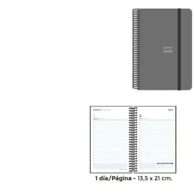 SENFORT AGENDA ANUAL (2025) UNICOLOR ESPIRAL TAPA PP CON GOMA 135X210 D/P GRIS