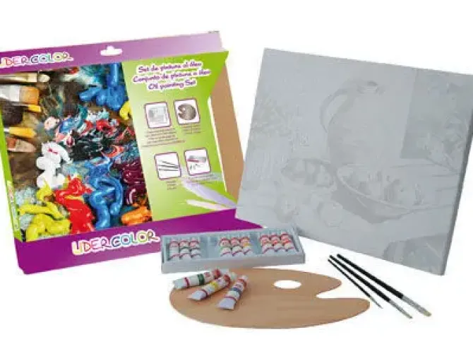 SET PINTURA AL OLEO LIDERCOLOR CONTIENE 1 LIENZO IMPRIMACION 30X40CM 1 PALETA MADERA 3 BROCHAS TUBOS 12X12ML OLEO