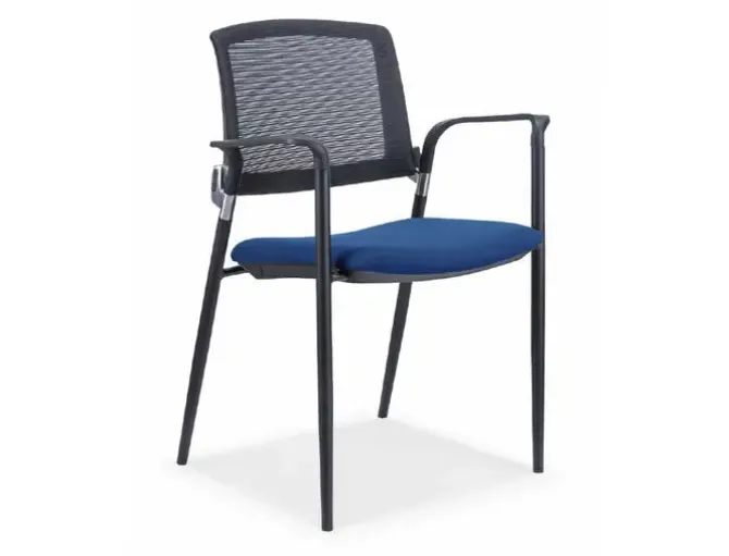 SILLA ROCADA CONFIDENTE BRAZOS FIJOS ESTRUCTURA METALICA ASIENTO TELA IGNIFUGA AZUL RESPALDO MALLA