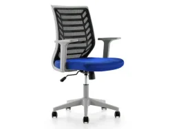 SILLA ROCADA DE OFICINA BRAZOS REGULABLES ESTRUCTURA GRIS RESPALDO MALLA Y ASIENTO TELA IGNIFUGA AZUL