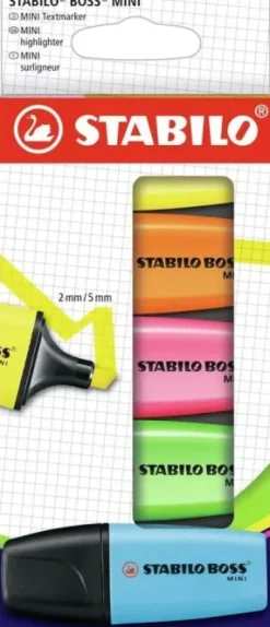 STABILO BOSS MINI PACK DE 5 MARCADORES FLUORESCENTES - TRAZO ENTRE 2 Y 5MM - TINTA CON BASE DE AGUA - ANTISECADO - COLORES SURTIDOS