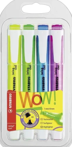 STABILO SWING COOL PACK DE 4 MARCADORES FLUORESCENTES - CUERPO PLANO - PUNTA BISELADA - TRAZO ENTRE 1 Y 4MM - TINTA CON BASE DE AGUA - ANTISECADO - COLORES SURTIDOS