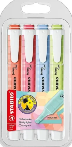 STABILO SWING COOL PASTEL PACK DE 4 MARCADORES FLUORESCENTES - CUERPO PLANO - PUNTA BISELADA - TRAZO ENTRE 1 Y 4MM - TINTA CON BASE DE AGUA - COLORES SURTIDOS