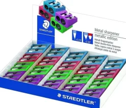 STAEDTLER EXPOSITOR DE 20 SACAPUNTAS METALICOS CON CUCHILLA DE METAL - ANGULO DE AFILADO DE 23° Y 30º - 2 AGUJEROS - COLORES SURTIDOS
