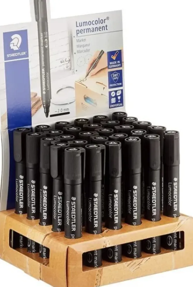 STAEDTLER LUMOCOLOR 352 EXPOSITOR DE 30 ROTULADORES PERMANENTES - PUNTA REDONDA - TRAZO 2MM APROX - CAPUCHON CON CLIP - SECADO RAPIDO - COLOR NEGRO