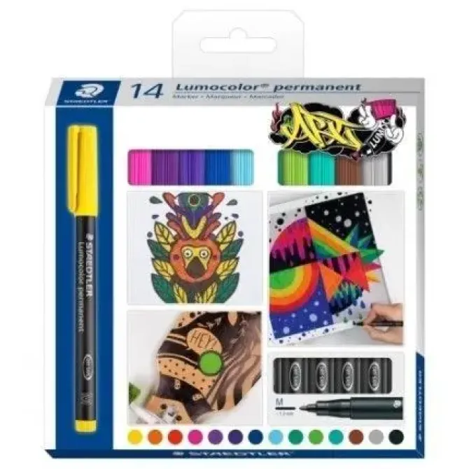 STAEDTLER LUMOCOLOR 317 PACK DE 14 ROTULADORES PERMANENTES - PUNTA MEDIA REDONDA - TRAZO 1MM APROX - CAPUCHON CON CLIP - SECADO RAPIDO - COLORES SURTIDOS