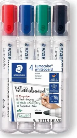STAEDTLER LUMOCOLOR 351 PACK DE 4 MARCADORES PARA PIZARRA BLANCA - SECADO RAPIDO - COLORES SURTIDOS
