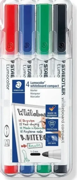 STAEDTLER LUMOCOLOR WHITEBOARD COMPACT 341 PACK DE 4 MARCADORES PARA PIZARRA - SECADO RAPIDO - COLORES SURTIDOS