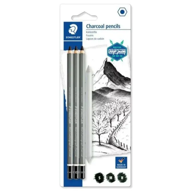 STAEDTLER MARS LUMOGRAPH CHARCOAL 100C PACK DE 3 LAPICES DE GRAFITO + DIFUMINADOR - ALTA PROPORCIÓN DE CARBON Y CARBONCILLO - GRADUACIONES SURTIDAS