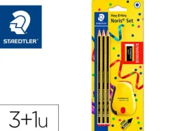 STAEDTLER NORIS 120 PACK DE 3 LAPICES DE GRAFITO HEXAGONALES + GOMA DE BORRAR + SACAPUNTAS - MINA HB ULTRARRESISTENTE DE 2MM - MADERA DE BOSQUES SOSTENIBLES