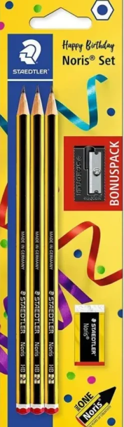 STAEDTLER NORIS 120 PACK DE 3 LAPICES DE GRAFITO HEXAGONALES + GOMA DE BORRAR + SACAPUNTAS - MINA HB ULTRARRESISTENTE DE 2MM - MADERA DE BOSQUES SOSTENIBLES