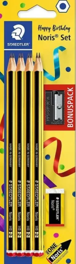 STAEDTLER NORIS 120 PACK DE 8 LAPICES DE GRAFITO HEXAGONALES + GOMA DE BORRAR + SACAPUNTAS - MINA HB ULTRARRESISTENTE DE 2MM - MADERA DE BOSQUES SOSTENIBLES