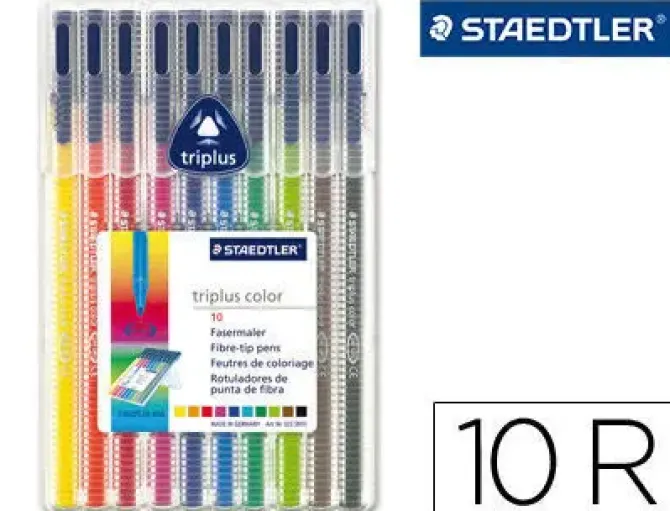 STAEDTLER TRIPLUS COLOR 323 PACK DE 10 ROTULADORES DE PUNTA FINA - TRAZO DE 1MM APROX - TINTA BASE DE AGUA - COLORES SURTIDOS